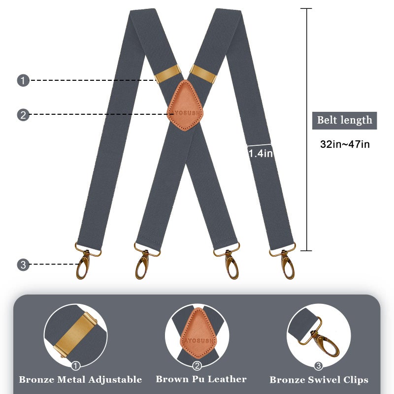 AYOSUSH Vintage Suspenders for Men Heavy Duty 4 Snap Hooks for Belt Loops Adjustable X Back (Dark Grey 2, One Size) - Image 2
